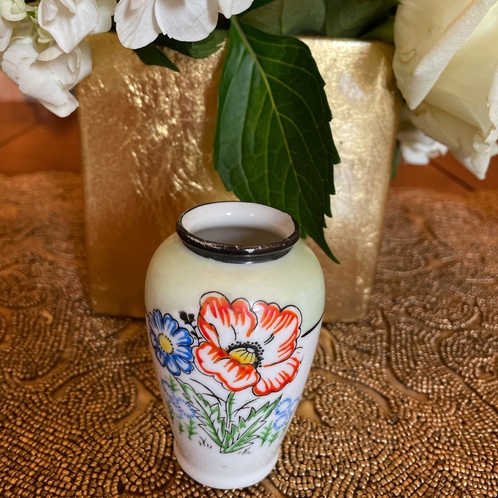 Vintage Miniature Handmade Hand Painted Vase, Made in Japan Vase, MCM Asian Vase
